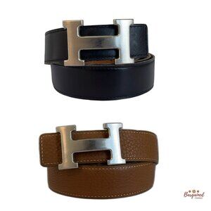 Authentic HERMES Black/Brown Leather H Silver Reversible Buckle Belt L 90 6/8